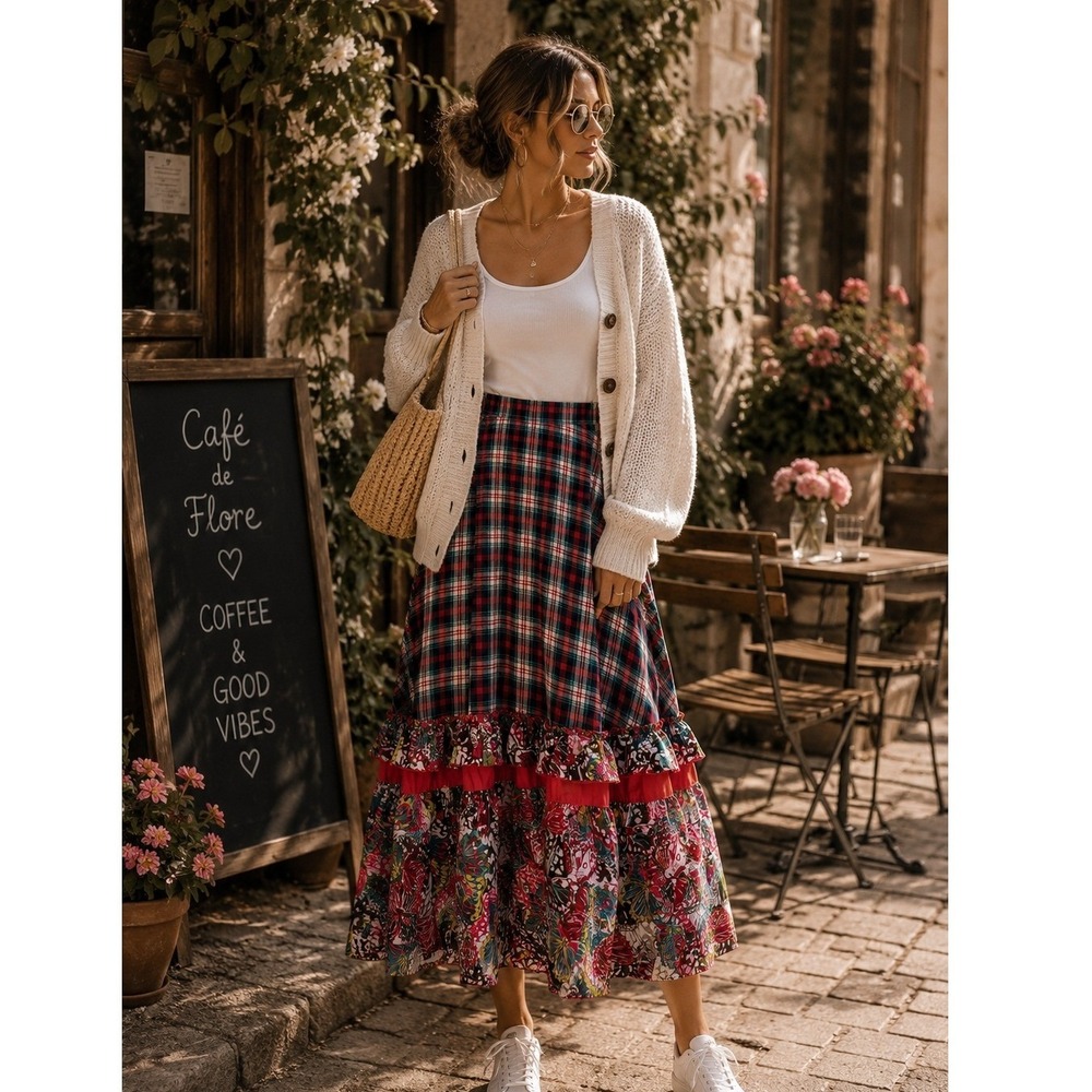 Solitaire Plaid Floral Butterfly Tiered Maxi Skirt Red Navy Blue Boho Ruffle M